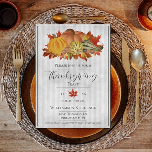 グレーサンクスギビングカボチャとスカッシュディナー 招待状