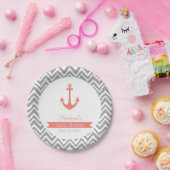 グレーシェブロンとコーラルピンクの赤航海のちゃんシャワー ペーパープレート (パーティー)