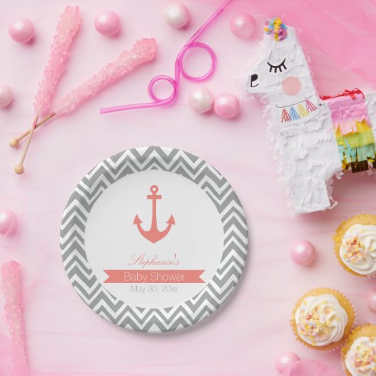 グレーシェブロンとコーラルピンクの赤航海のちゃんシャワー ペーパープレート (パーティー)