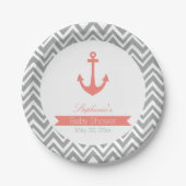グレーシェブロンとコーラルピンクの赤航海のちゃんシャワー ペーパープレート (正面)