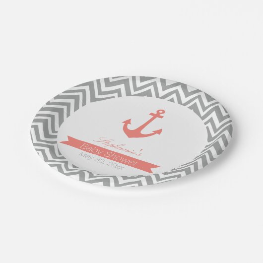 グレーシェブロンとコーラルピンクの赤航海のちゃんシャワー ペーパープレート (アングル)