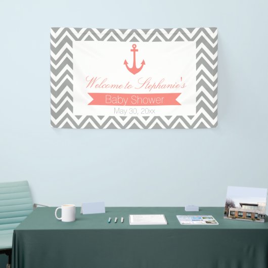 グレーシェブロンとコーラルピンクの赤航海のちゃんシャワー 横断幕 (トレードショー)