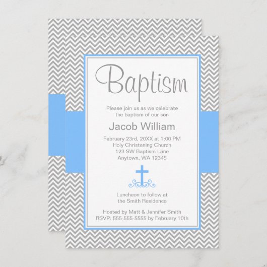 グレーシェブロンブルークロスボーイバプテスマ《キリスト教》洗礼式や命名式 招待状 (正面/裏面)