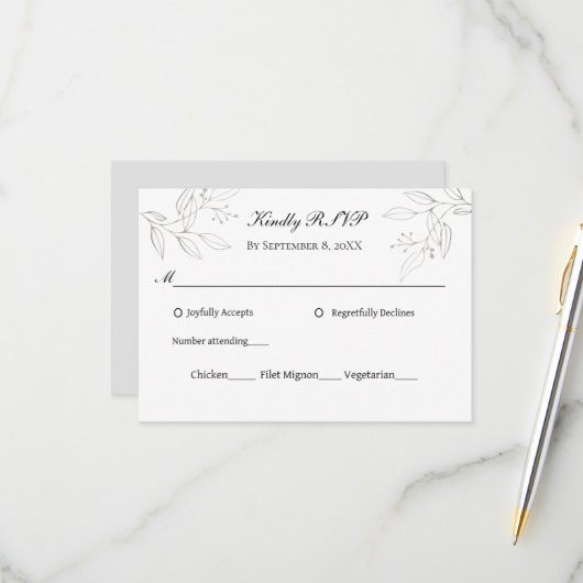グレーシルバーの葉のミニマリスト結婚式の招待状 RSVP (正面/裏面インサイチュ)