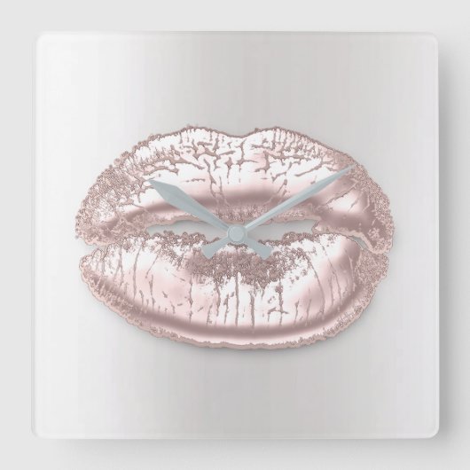 グレーシルバーキスリップピンクローズ金ゴールドメタルメイクアップ スクエア壁時計 (正面)