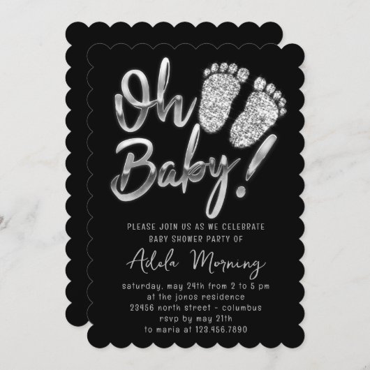 グレーシルバー足ベビーガールボーイシャワーブラック 招待状 (正面/裏面)