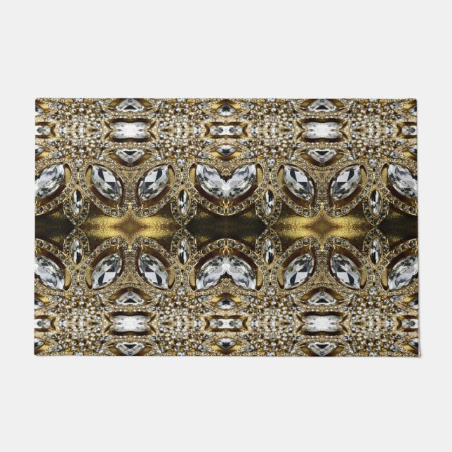 グレーシルバー金ゴールドとブラックアートデコ模様 ドアマット (正面)