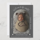 グレーシンプルのアーチフレーム写真の誕生のお知らせ 案内状 (正面)