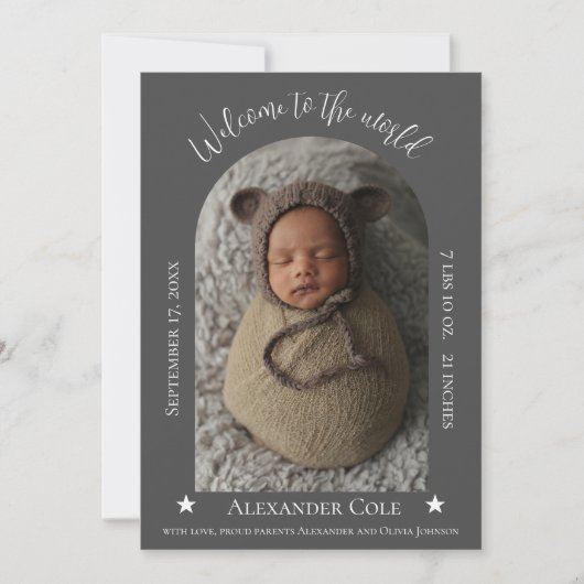 グレーシンプルのアーチフレーム写真の誕生のお知らせ 案内状 (正面)