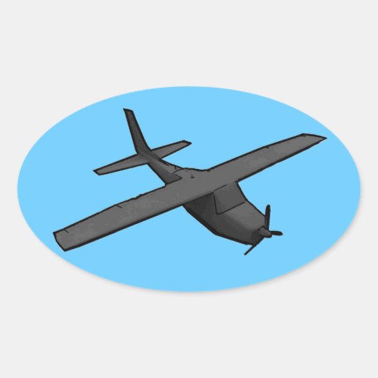 グレーシンプルブループロペラ飛行機シール 楕円形シール (正面)