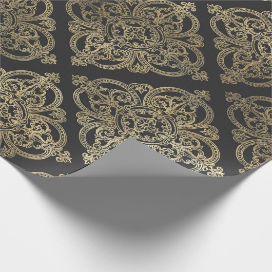 グレージェイドとゴールド ヴィンテージ ダマスク ラッピングペーパー (角)