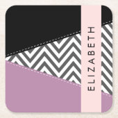 グレージグザグレイ、グレーシェブロン、紫、あなたの名前 スクエアペーパーコースター (正面)