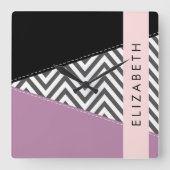 グレージグザグレイ、グレーシェブロン、紫、あなたの名前 スクエア壁時計 (正面)