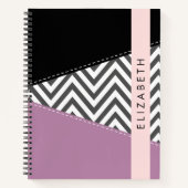 グレージグザグレイ、グレーシェブロン、紫、あなたの名前 ノートブック (正面)