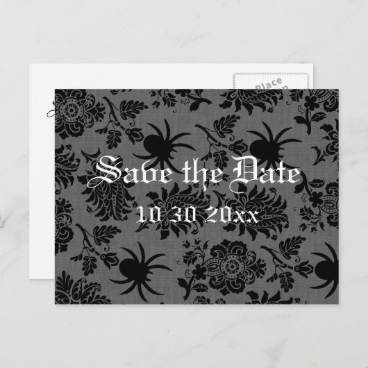 グレージュの麻地にスパイダーダマスク - Save the Date 案内ポストカード (正面/裏面)