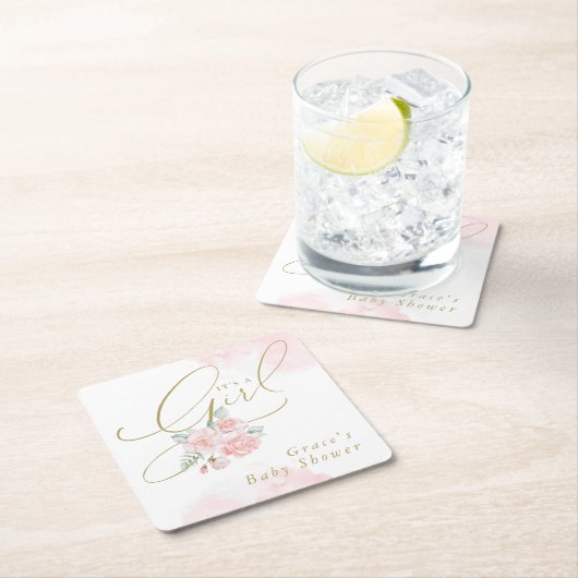 グレースエレガント赤面フローラ女の子の赤ちゃんシャワー スクエアペーパーコースター (インサイチュ)