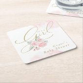 グレースエレガント赤面フローラ女の子の赤ちゃんシャワー スクエアペーパーコースター (アングル)
