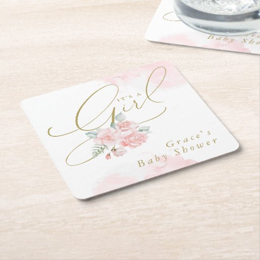 グレースエレガント赤面フローラ女の子の赤ちゃんシャワー スクエアペーパーコースター (アングル)