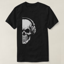 グレースケールのドクロ+ヘッドホン ブラックTシャツ