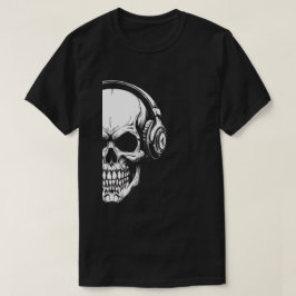グレースケールのドクロ+ヘッドホン ブラックTシャツ Tシャツ