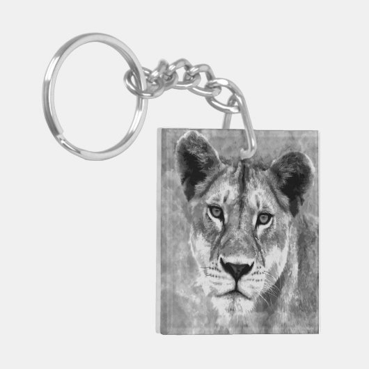 グレースケールの女性のライオンのデジタル芸術 キーホルダー (正面左)
