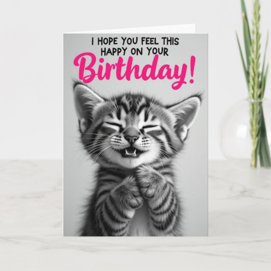 グレースケールの縞模様の猫の誕生日カード カード (正面)
