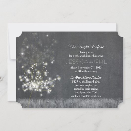 グレースケールダンデリオ結婚のリハーサルディナー 招待状 (正面)