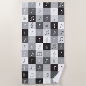 グレースケールミュージックノートパターン ビーチタオル (正面)