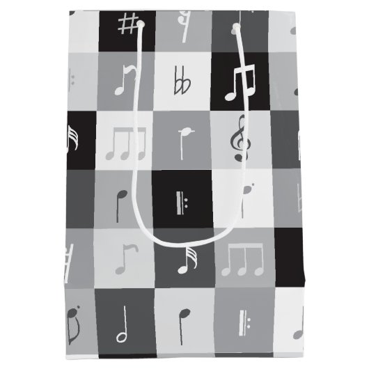 グレースケールミュージックノートパターン ミディアムペーパーバッグ (裏面)