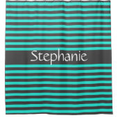 グレースタイリッシュティール(緑がかった色)ストライプズホワイト名前をカスタムする シャワーカーテン (正面)