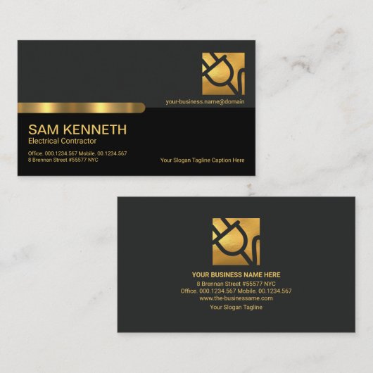 グレースタイリッシュブラックカラム金ゴールドストライプ電気技師 名刺 (正面/裏面)