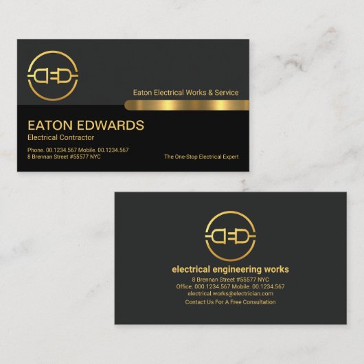 グレースタイリッシュブラックカラム金ゴールド電気プラグ 名刺 (正面/裏面)