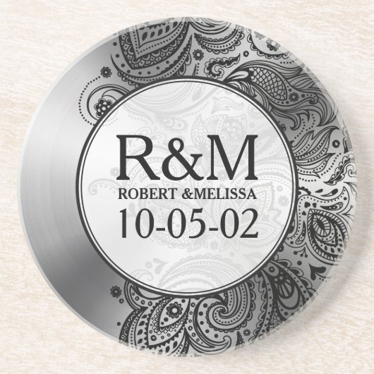 グレーステンレススチールルルルックブラックペイズリーレース コースター (正面)