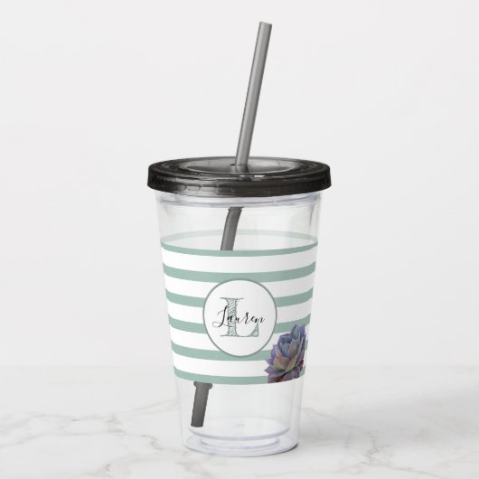 グレーストライプと多肉質モノグラムのパーソナライズされた アクリルタンブラー (裏面)