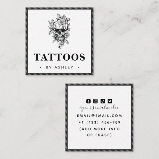 グレーストライプのゴシック&フローラスカルタトゥーアーティスト スクエア名刺 (正面/裏面)