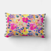 グレーストライプのトリムピンクフローラ装飾用クッション ランバークッション (正面)