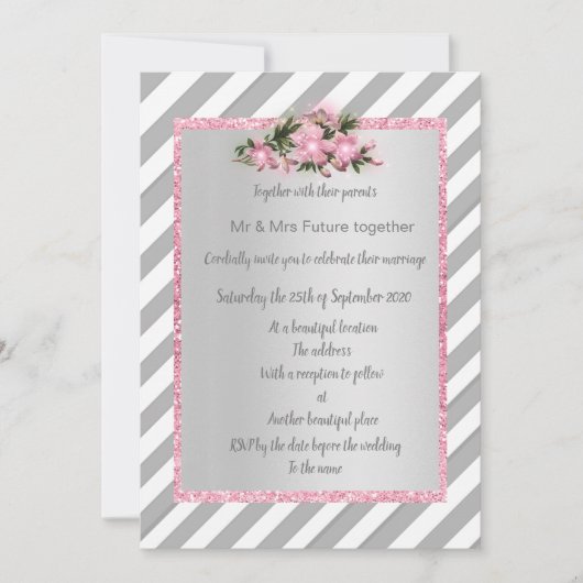 グレーストライプのピンクの花の結婚招待の新しい 招待状 (正面)