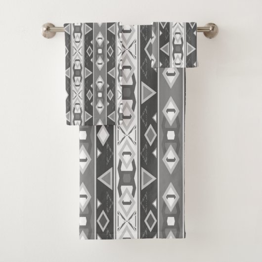 グレーストライプの白い幾何学模様 バスタオルセット (インサイチュ)