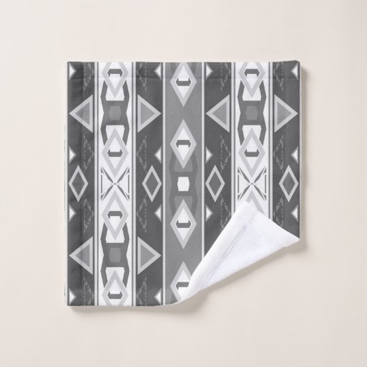 グレーストライプの白い幾何学模様 バスタオルセット (ウォッシュタオル)