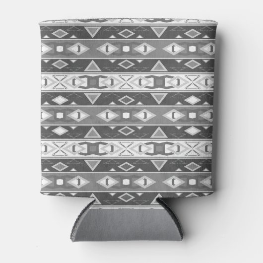 グレーストライプの白い幾何学模様 缶クーラー (正面)