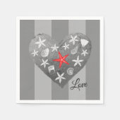 グレーストライプテーマ沿岸シーシェルスタフィッシュハート スタンダードカクテルナプキン (正面)