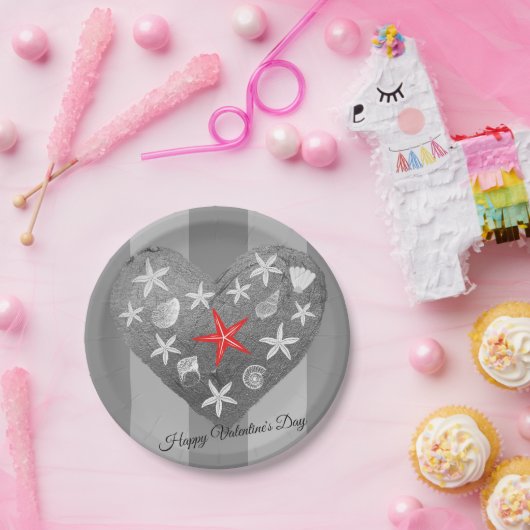 グレーストライプテーマ沿岸シーシェルスタフィッシュハート ペーパープレート (パーティー)