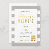 グレーストライプ引っ越し祝いパーティー-金ゴールドパーティー 招待状 (正面/裏面)