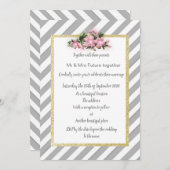グレーストライプ招待状ピンク花金ゴールド 招待状 (正面/裏面)