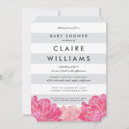 グレーストライプ招待状&ピンク牡丹ベビーシャワー 招待状 (正面)