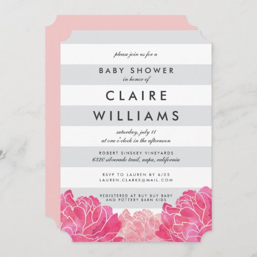 グレーストライプ招待状&ピンク牡丹ベビーシャワー 招待状 (正面/裏面)