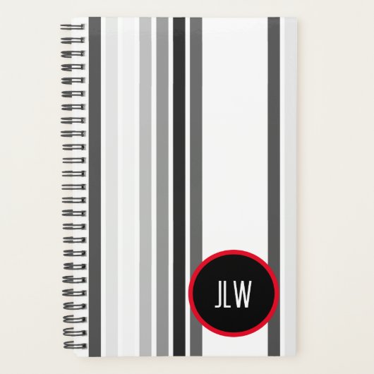 グレーストライプ白黒赤い円イニシャル プランナー手帳 (正面)