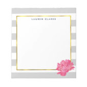 グレーストライプ&ピンク牡丹メモパーソナライズされた帳 ノートパッド (正面)