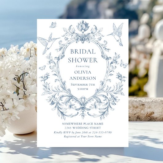 グレースビクトリアンダスティ華美ブルーブライダルシャワー 招待状