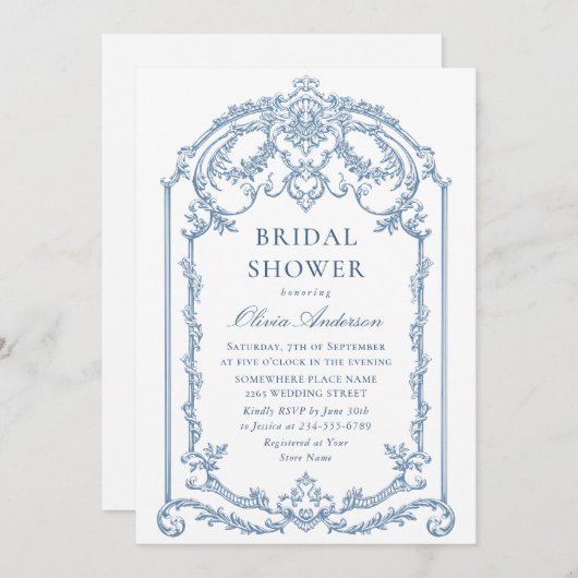 グレースビクトリアンダスティ華美ブルーブライダルシャワー 招待状 (正面/裏面)